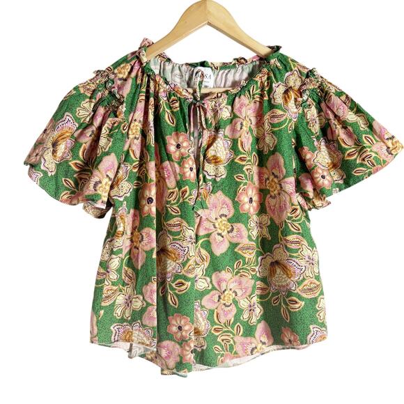 MISA Suparna Green Floral Print Cap Sleeve Tie Neck Peasant Blouse Size Large - Picture 4 of 14